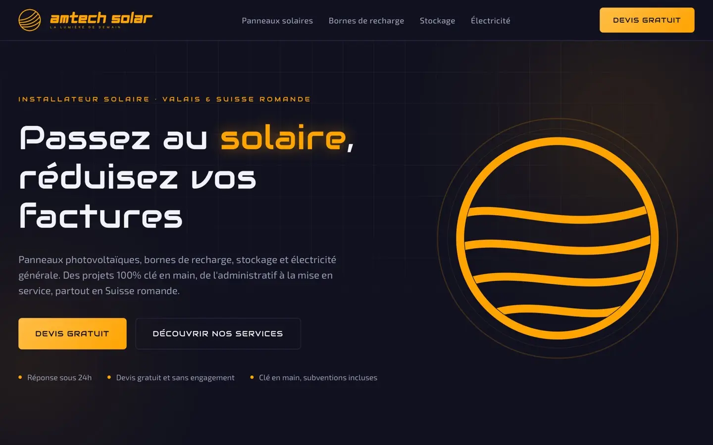 Page d'accueil du site Amtech Solar, Panneaux solaires en Valais