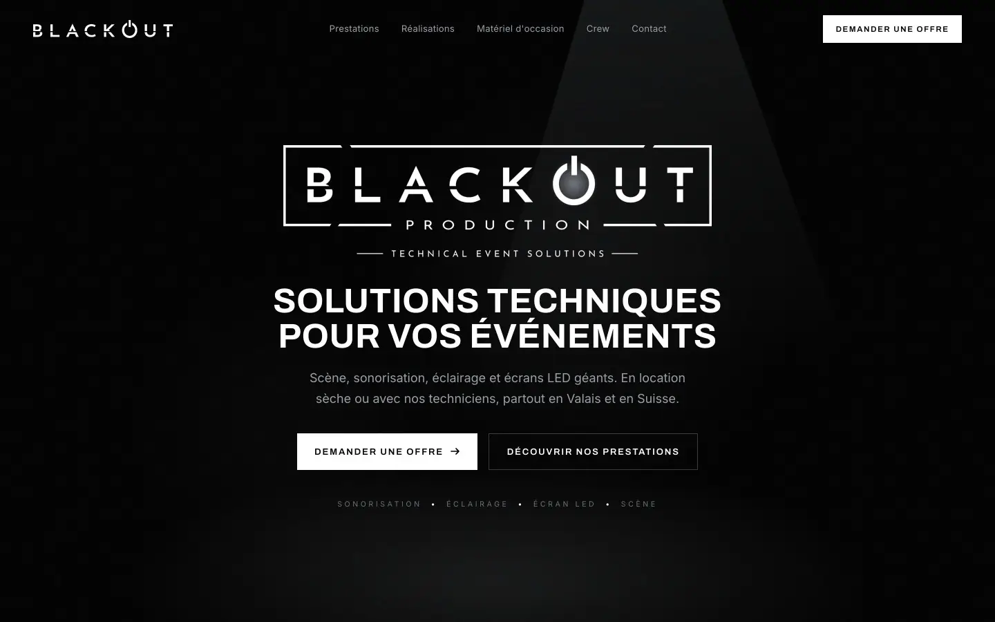 Page d'accueil du site Blackout Production, Technique événementielle en Valais