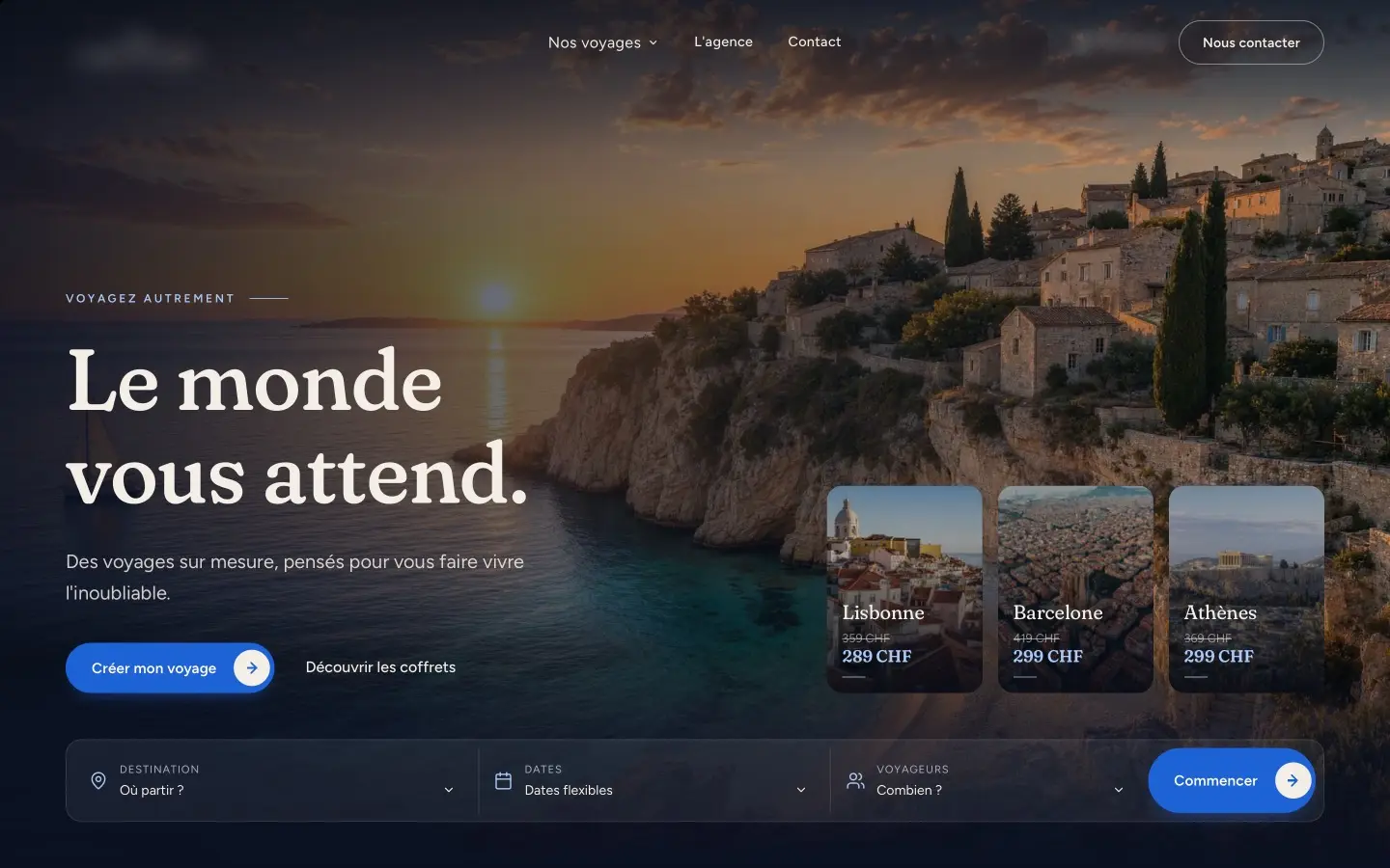 Page d'accueil d'un site en cours de réalisation pour un client à Sion, agence de voyage. Le logo du client est flouté.