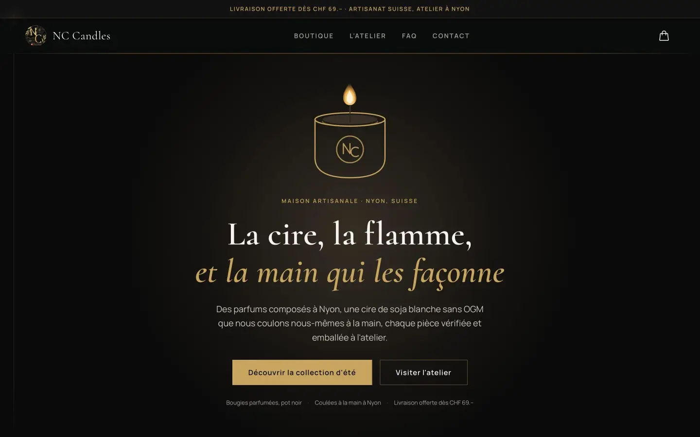 Page d'accueil du site NC Candles, Bougies artisanales à Nyon