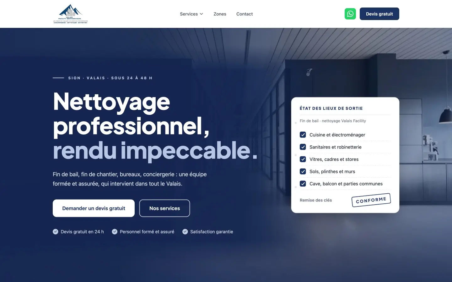 Page d'accueil du site Valais Facility Services, Nettoyage professionnel à Sion