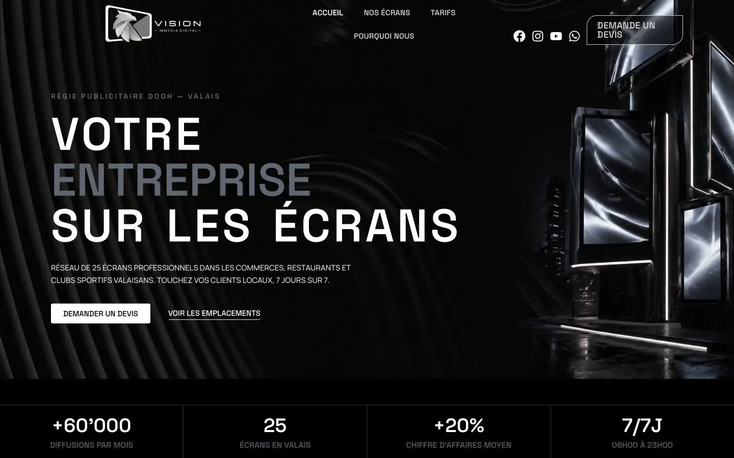 Page d'accueil du site Vision Immedia Digital, Publicité sur écrans à Sion