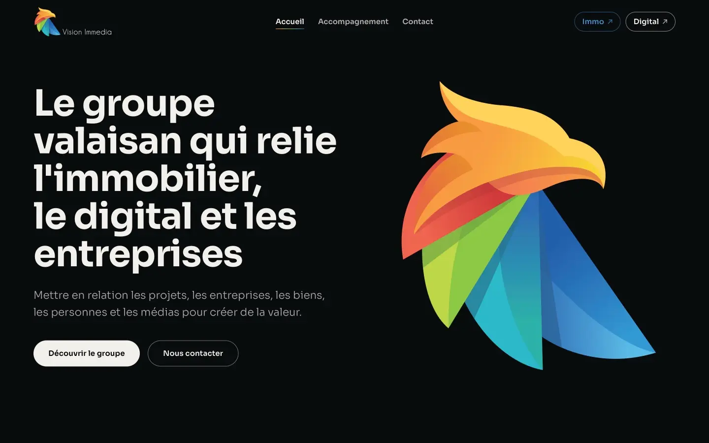 Page d'accueil du site Vision Immedia, Groupe immobilier et digital à Sion